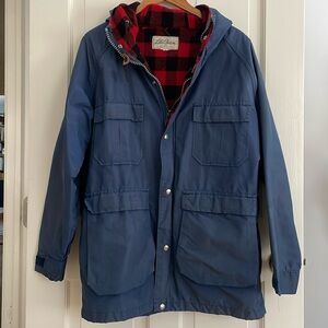 LL Bean Vintage VTG Blue Hooded Parka Wool Red Plaid Lined Zip Up Jacket